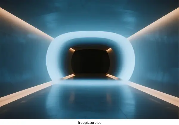 Futuristic Illuminated Corridor with Glowing Blue Lights and Empty Space
