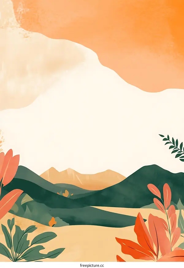 Abstract Mountain Landscape Illustration With Orange and Green Tones
