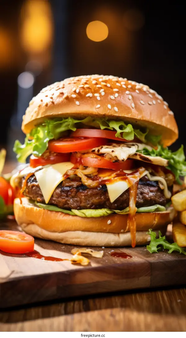 Close-up of a delicious beef burger with cheese, tomato, onion, and lettuce