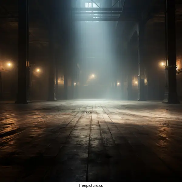 Wooden planks illuminated in a dusty empty room