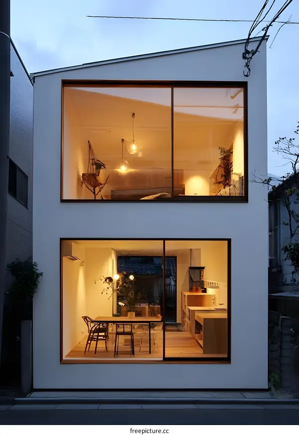 Modern White House with Large Windows Showing Interior