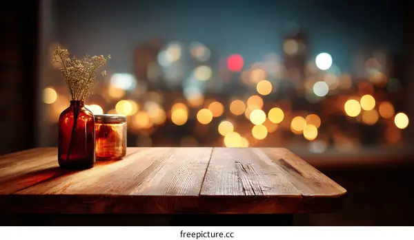 Wooden Table with City Lights Background