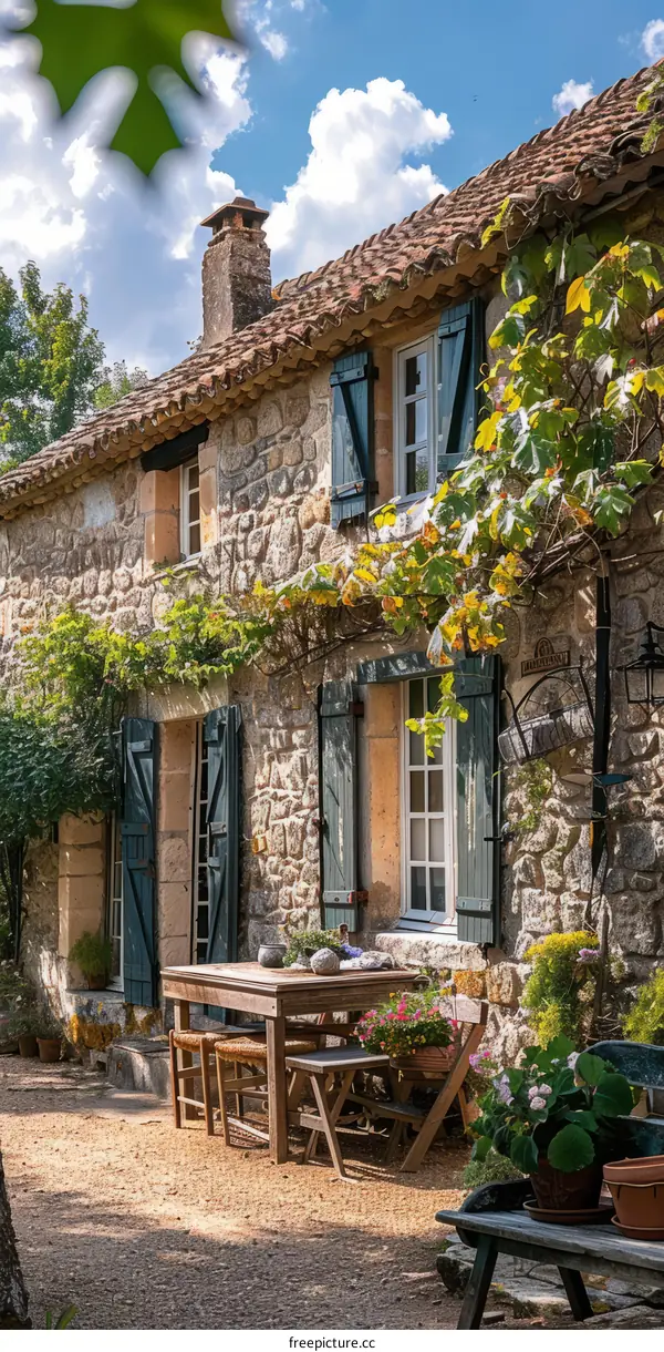 Charming Stone Cottage with Blue Shutters in the French Countryside
