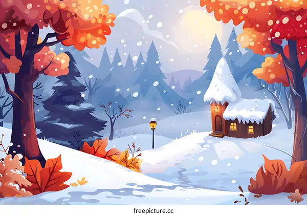 Winter Landscape with a Cozy Cottage in the Forest
