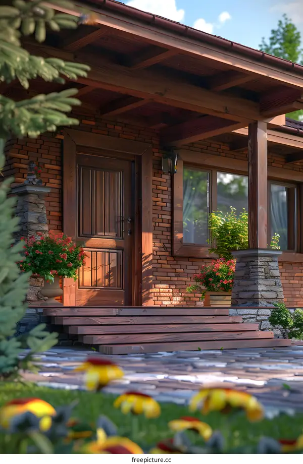 Wooden Front Door of a Brick House with Flowers