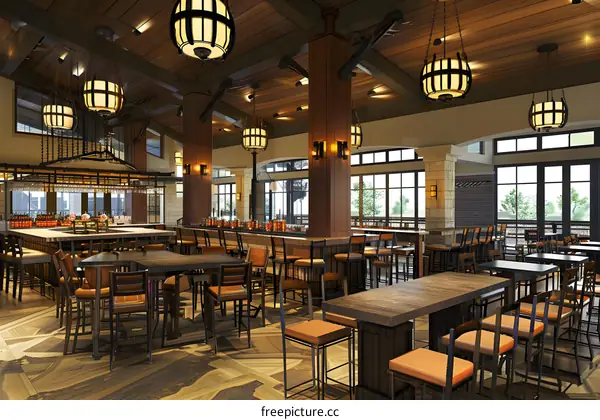 Modern Rustic Restaurant Interior Design With Wooden Tables and Chairs