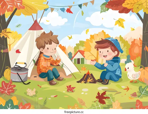 Two Boys Camping in the Autumn Forest