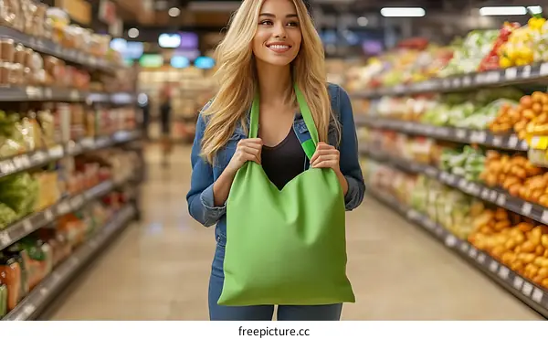 Woman Shopping with Green Reusable Grocery Bag in Supermarket