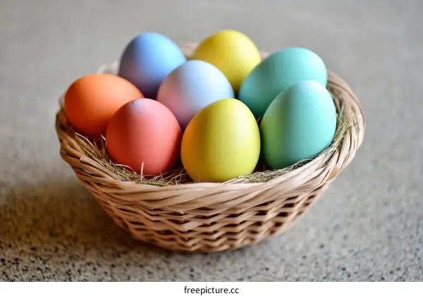 Colorful Easter Eggs in a Wicker Basket