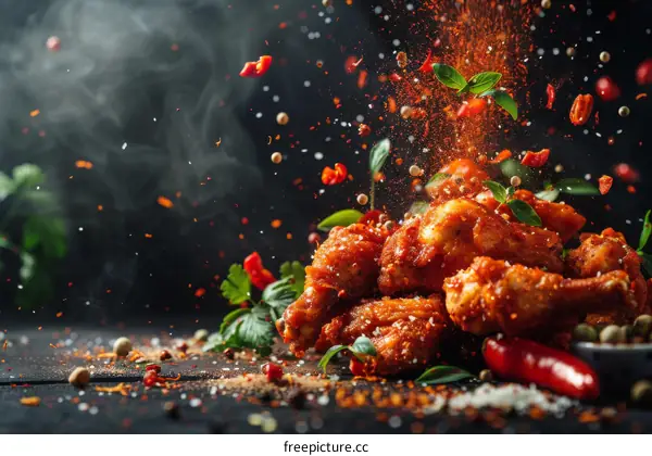 A plate of spicy chicken wings with herbs and spices