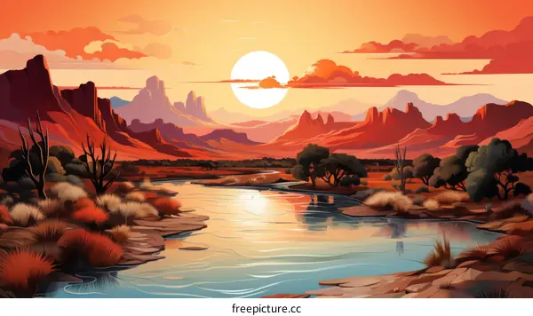 sunset in the desert with a river running through it