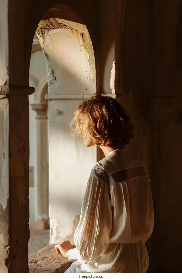 Woman Sitting in an Archway with Sunlight Shining Through