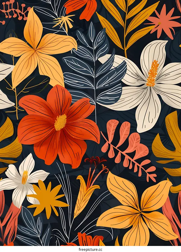 Floral Seamless Pattern, Tropical Flowers, Colorful Background, Illustration