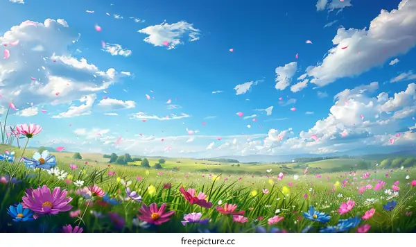 A beautiful field of flowers with a blue sky and white clouds