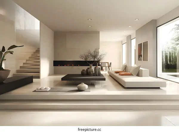 Modern Interior Design Living Room With Fireplace And Stairs