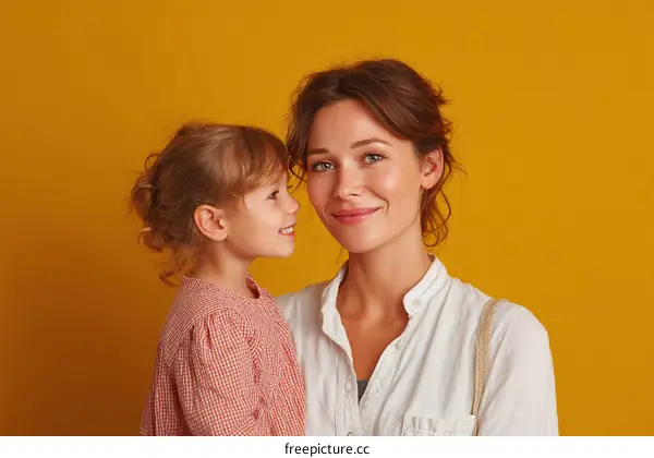 Mother and Daughter Portrait Against a Mustard Yellow Background