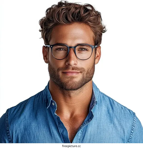 Handsome Man Wearing Glasses and a Denim Shirt