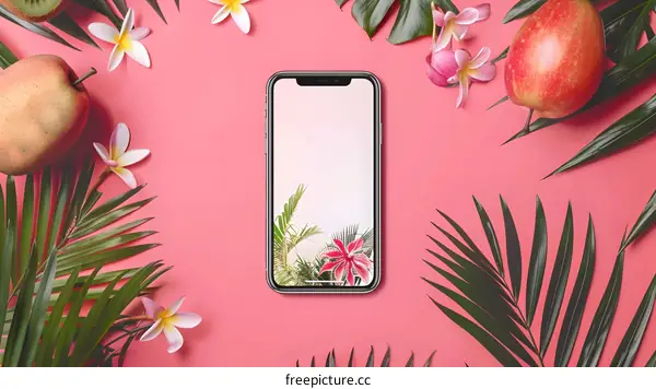 Tropical Flat Lay with Smartphone and Flowers