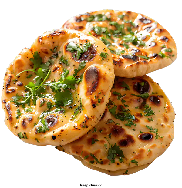 [Transparent Background PNG]Three Pieces of Naan Bread Garnished with Herbs