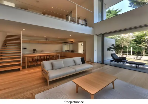 Modern Minimalist Living Room With Wooden Flooring And Large Windows