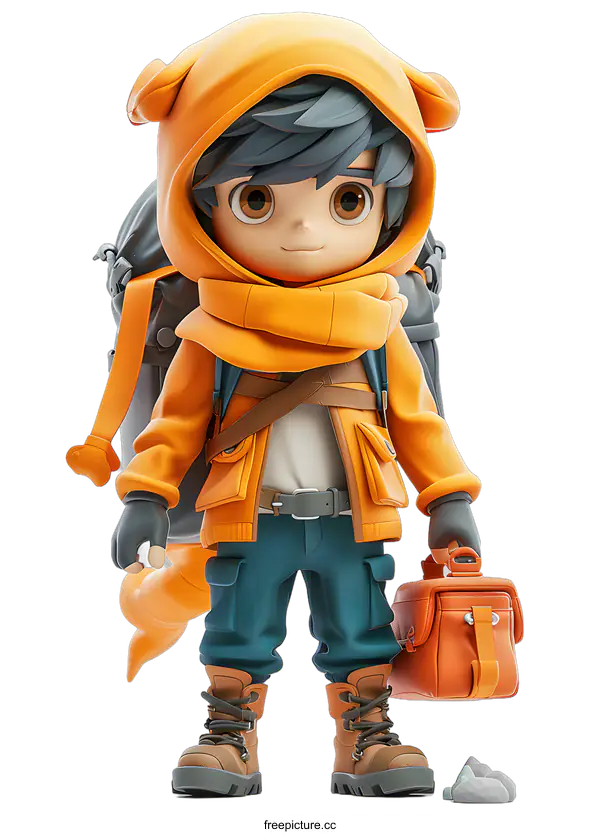 [Transparent Background PNG]A boy in an orange hoodie and blue pants is carrying a bag and a case
