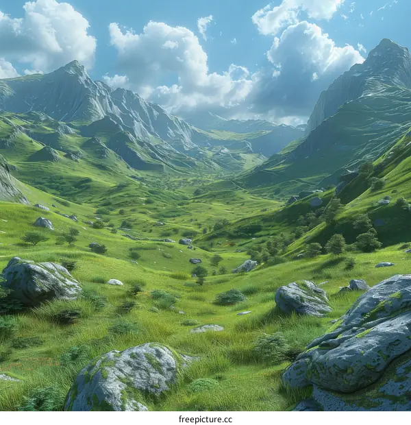 Enthralling Fantasy Landscape with Verdant Hills and Majestic Rocks