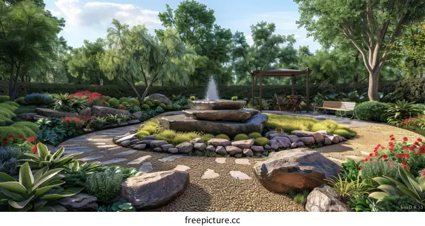 Courtyard with a Fountain, Trees, and Plants