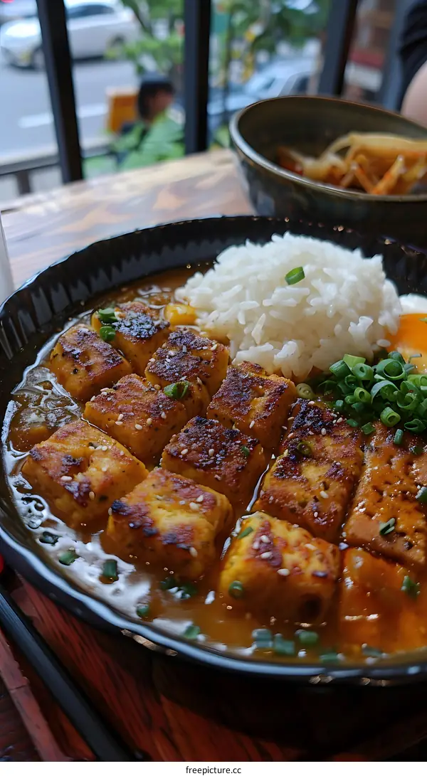 A plate of curry with tofu and rice
