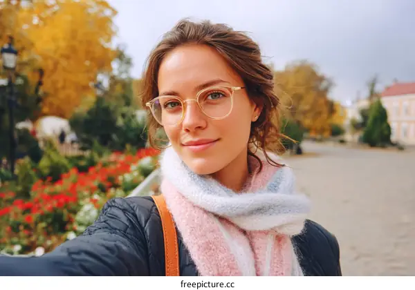 Young Woman in Autumn Park Selfie