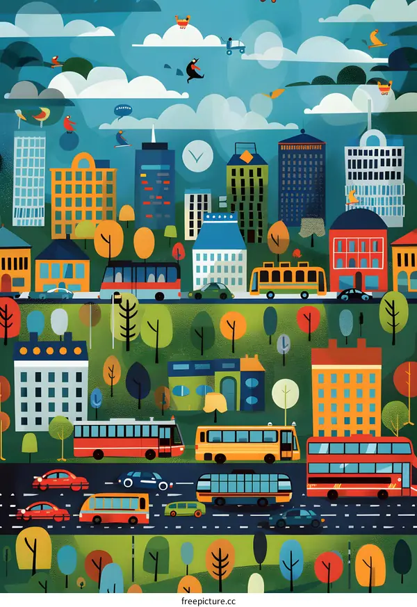 Colorful Cityscape Illustration With Buildings, Vehicles, and People