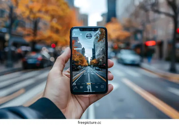 Hand Holding Smartphone with Cityscape View