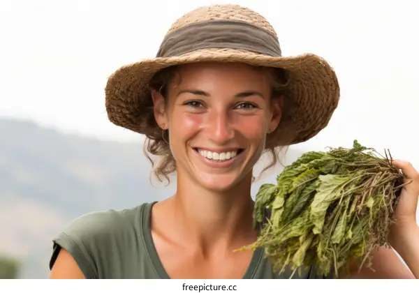 Young caucasian woman harvesting oregano in a field