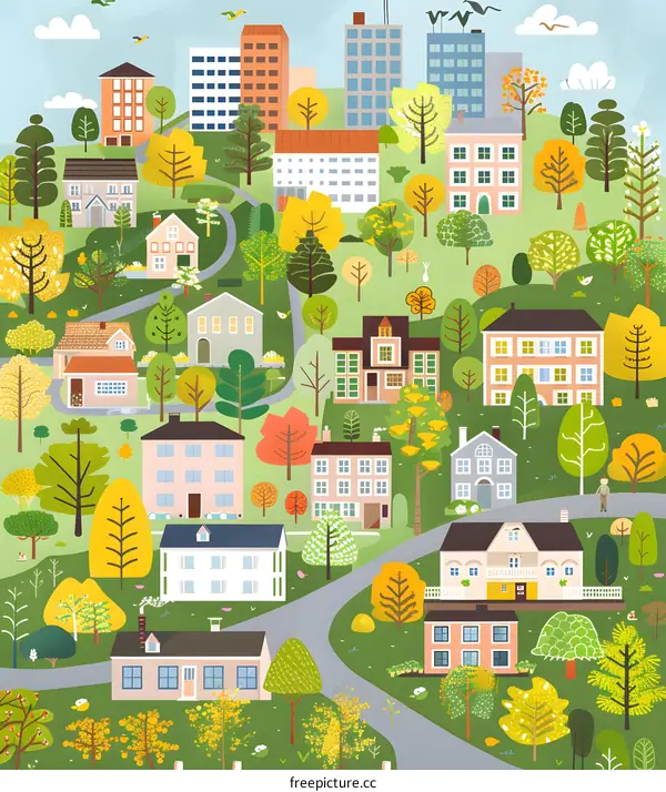 Colorful Illustration of a Small Town with Houses and Trees