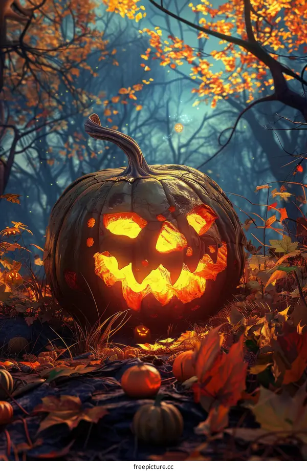 Halloween Pumpkin in the Woods at Night