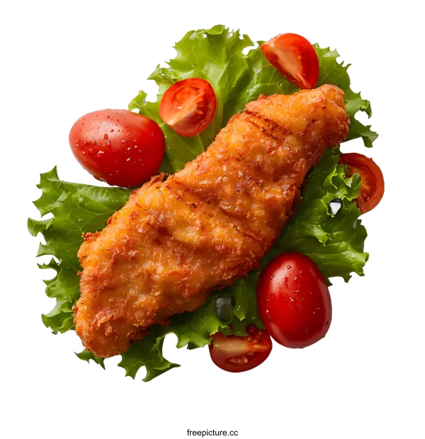 [Transparent Background PNG]Crispy Fried Fish Fillet on Lettuce with Tomato Slices
