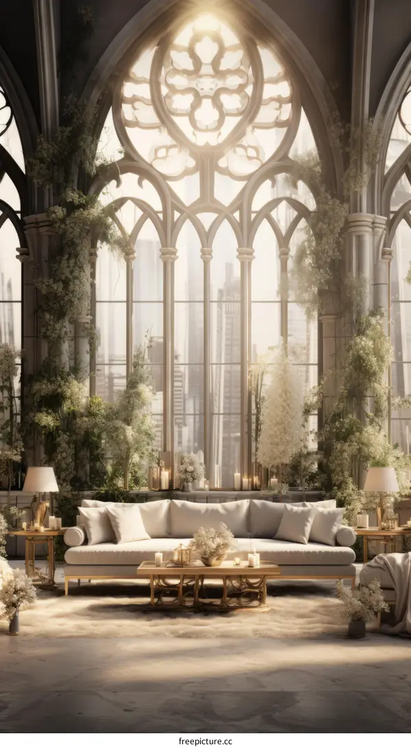 The sun shines through the tall windows of a ruined cathedral