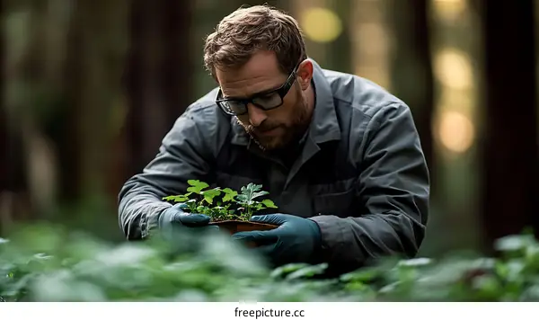 Man Examining Small Plants in Forest