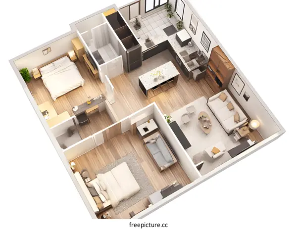 Top View Floor Plan of a Modern Apartment with Two Bedrooms
