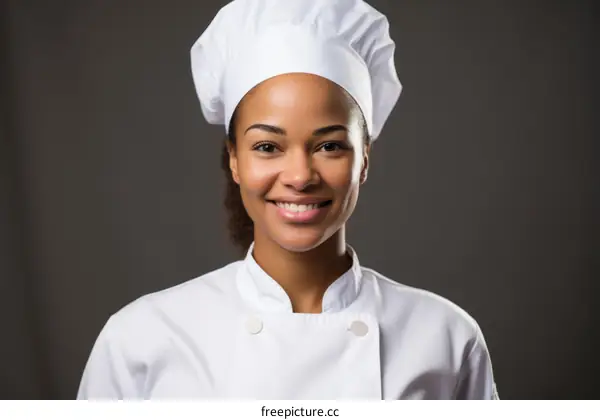 Portrait of a smiling female chef wearing a white toque