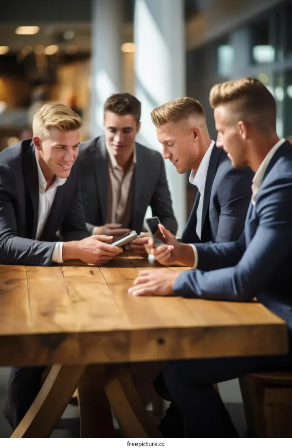 Four businessmen in suits sitting around a table looking at their phones