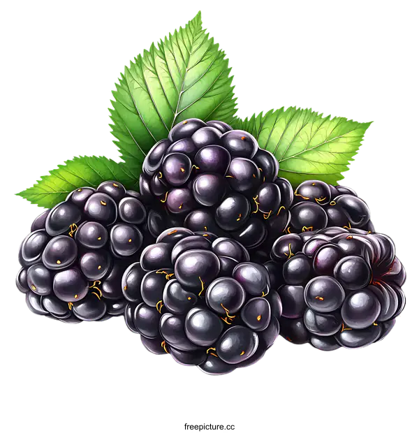 [Transparent Background PNG]Detailed Illustration of Fresh Blackberries with Leaves