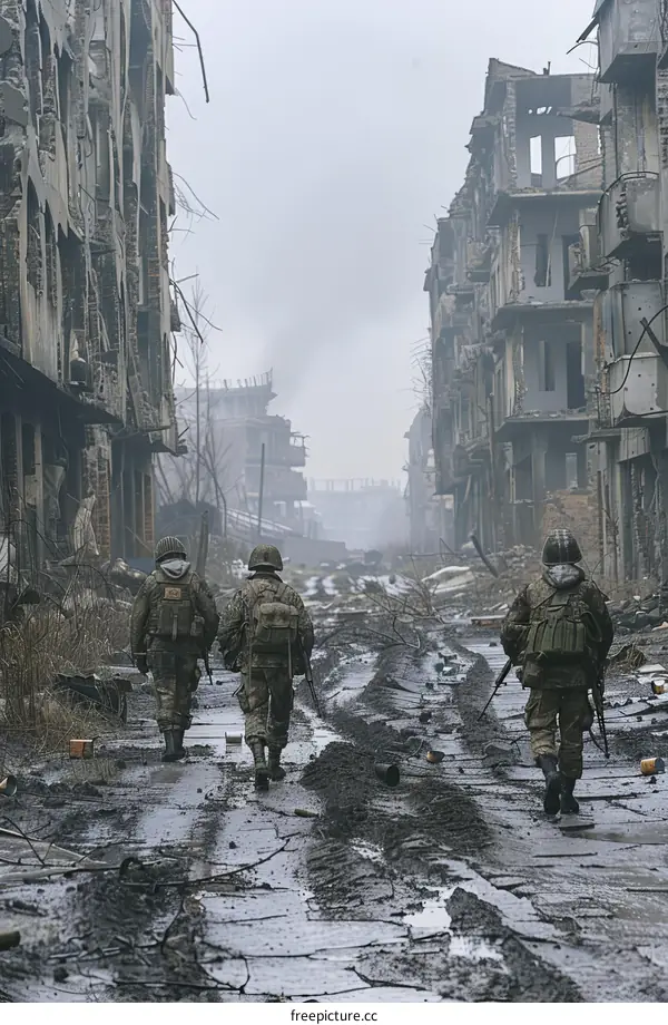 Three soldiers walking through a destroyed city