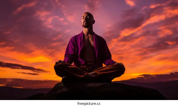 Man Meditating on a Rock at Sunset