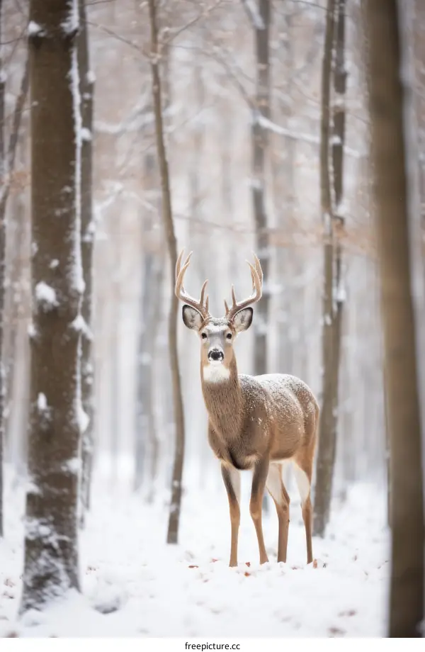 A white-tailed deer stands in the snow in the forest