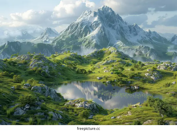 Mountain peaks, green hills, and a lake in the foreground