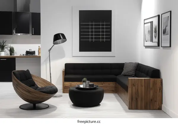Modern Minimalist Living Room Design with Wooden Accent Chair