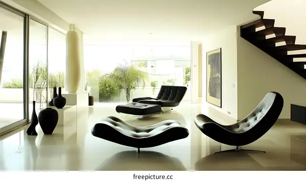 Modern Interior Design Living Room With Black Leather Chairs