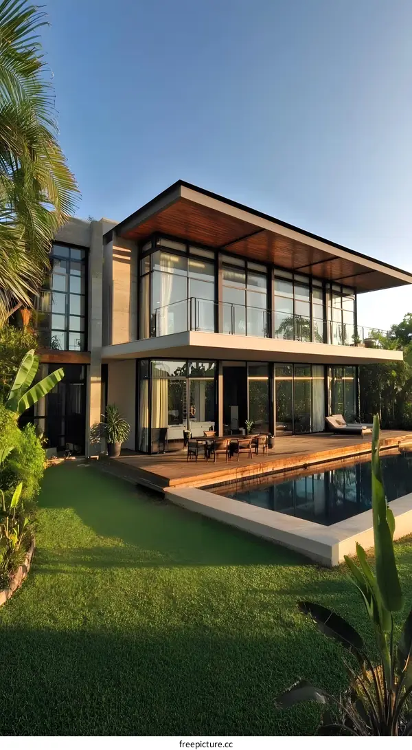 Modern House with Swimming Pool and Lush Greenery
