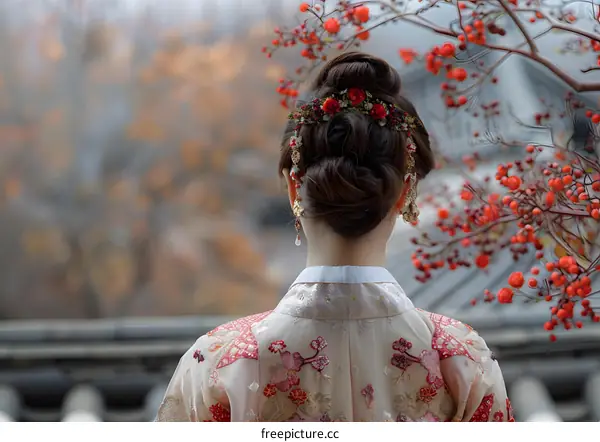 A woman wearing a hanbok, a traditional Korean dress, with a beautiful hairpiece and earrings.