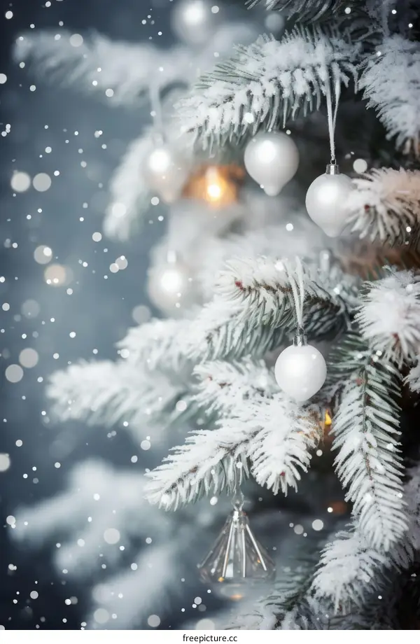 Christmas tree with white ornaments covered with snow